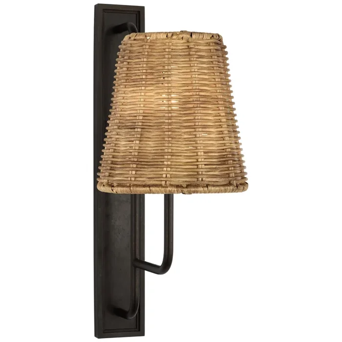 Amber Lewis Rui Tall Sconce in Aged Iron with Natural Wicker Shade Wall Light W8″ x H20″AL 2061AI-NTW