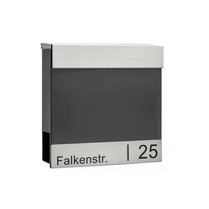 Briefkasten mit Zeitungshalter, anthrazit / Edelstahl-Klappe, Edelstahl-Leiste mit Gravur