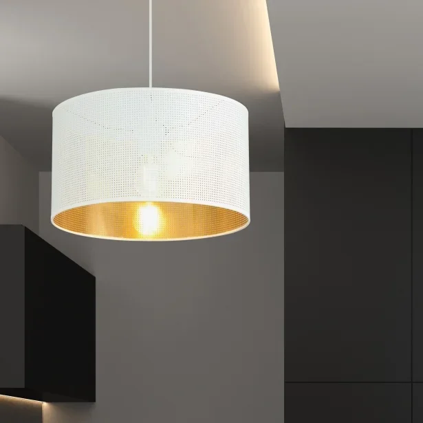 EMIBIG Hängelampe ASTON 1 Stoff E27 Höhe 100 cm 15W weiß / gold – ohne Leuchtmittel