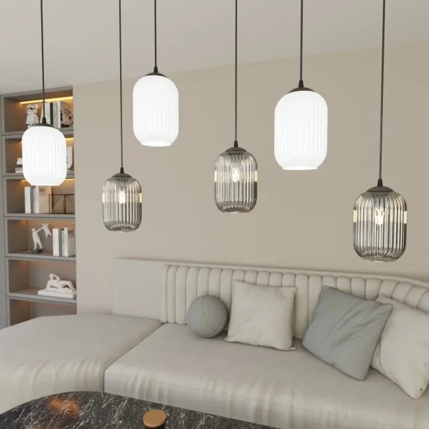 EMIBIG Hängelampe VERDI 6 BL MIX Glas Höhe 140 cm 6-flammig 15 W E27 – (ohne Leuchtmittel)