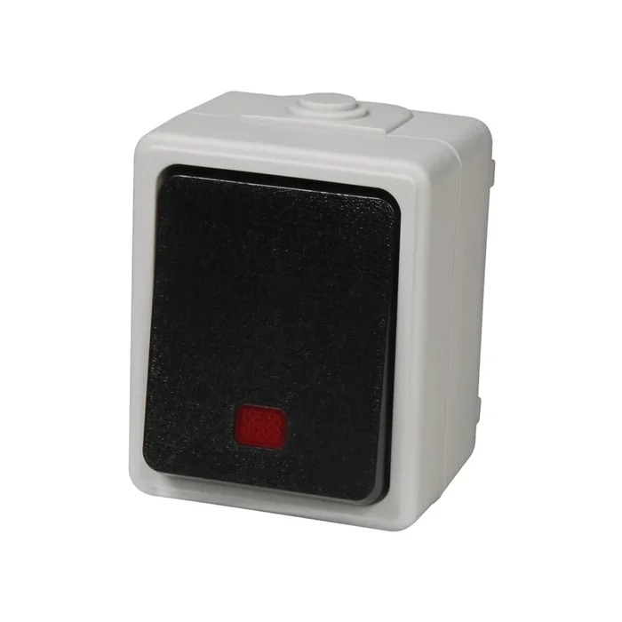 Feuchtraum Kontroll-Schalter “Taff“, 250V~/10A IP44 Aufputz grau mit Kontroll-Leuchte