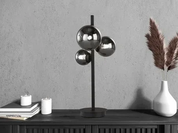 Fischer & Honsel LED Tischleuchte BALA Schwarz mit 3 Rauchglas Kugeln, Höhe 48cm
