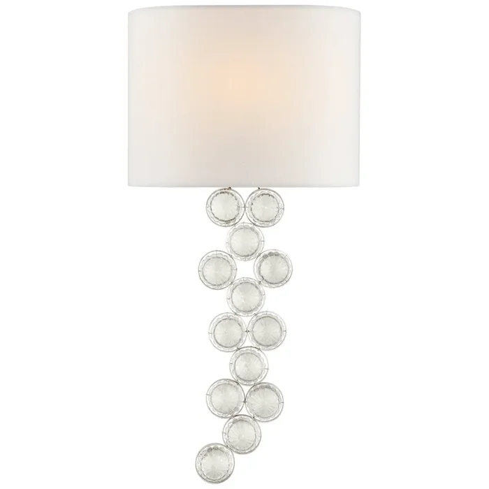 Julie Neill Milazzo Medium Right Sconce in Burnished Silver Leaf and Crystal with Linen Shade Wall Light W11.5″ x H23.75″JN 2202BSL/CG-L
