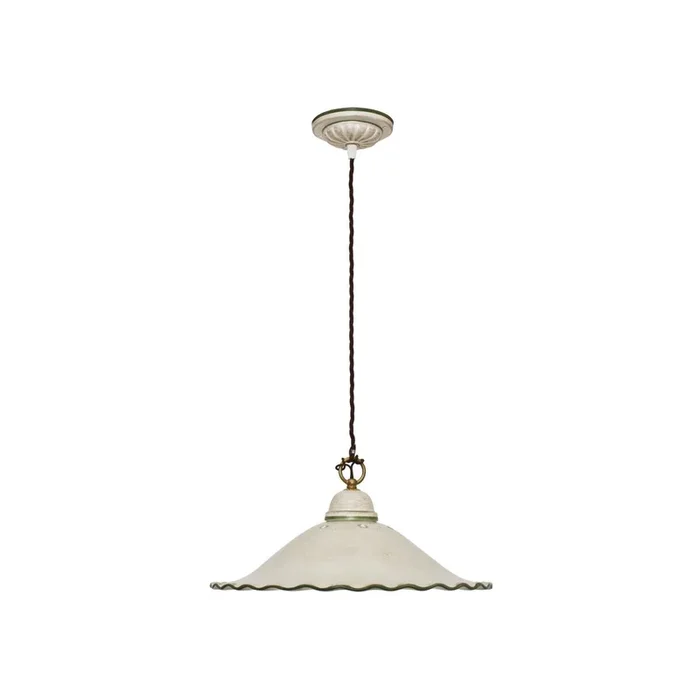 Keramik Pendelleuchte Ø39m beige grün mit Entenmuster Textilkabel braun