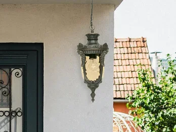 meineWunschleuchte LED Außen Hängeleuchte im Jugendstil mit Amberglas, Ø19cm