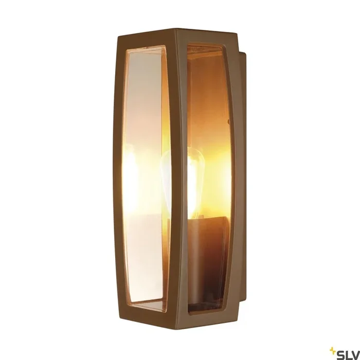 MERIDIAN BOX, Outdoor Wandleuchte, TC-(D,H,T,Q)SE, rost, max. 25 W, klarer Kunststoff