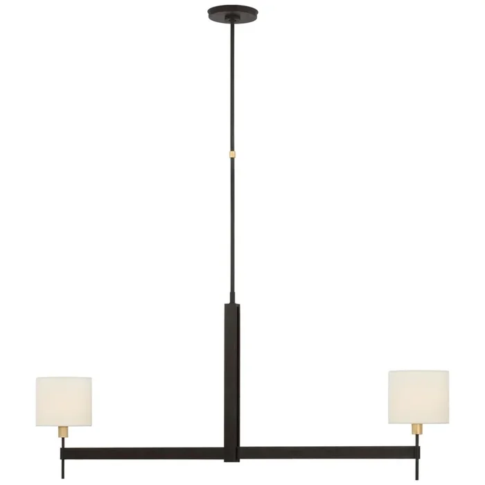 Ray Booth Brontes Large Linear Chandelier in Warm Iron and Antique Brass with Linen Shades Ceiling Light W7″ x 54″RB 5141WI/AB-L
