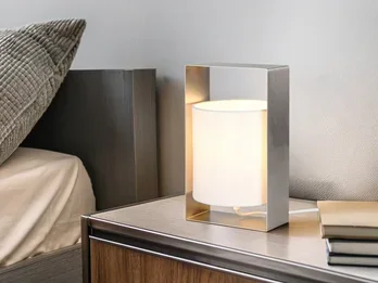 Reality Leuchten Moderne Tischlampe PAIL Metallrahmen Silber, Stoffschirm Weiß, Höhe 27cm